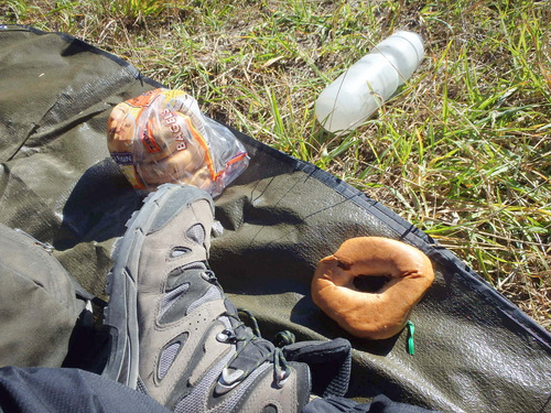 We are having lunch (bagels, trail mix and turkey jerky).